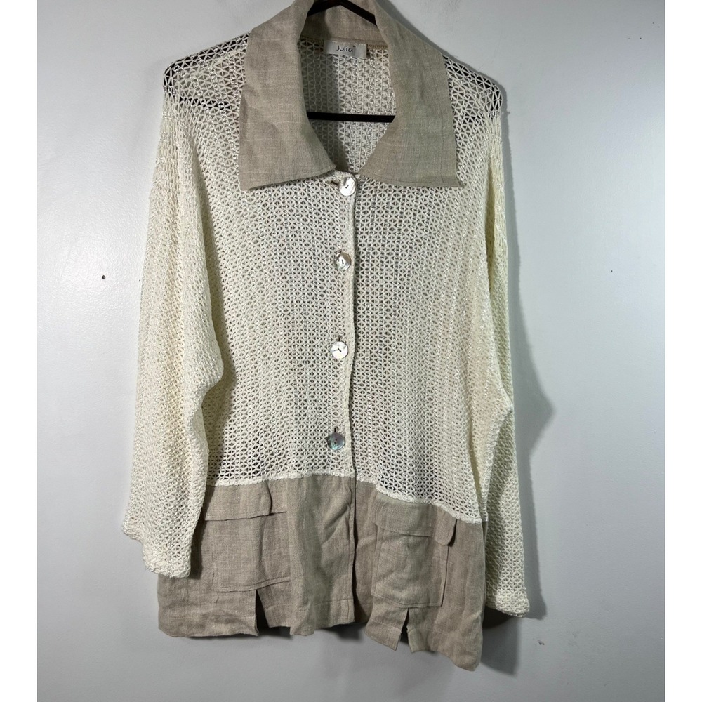 Womens Julia Linen Germany Crochet Jacket Cream Tan‎ L Pockets Made In Germany